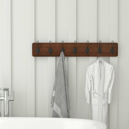 Flash Furniture Daly Wall Mounted 34in Rustic Brown Solid Pine Wood Storage Rack with 7 Hooks HGWA-SCR-7-RUSBRN-GG
